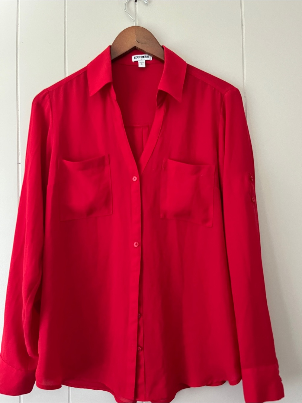 Express Vibrant Red Long-Sleeve Button-Up Shirt